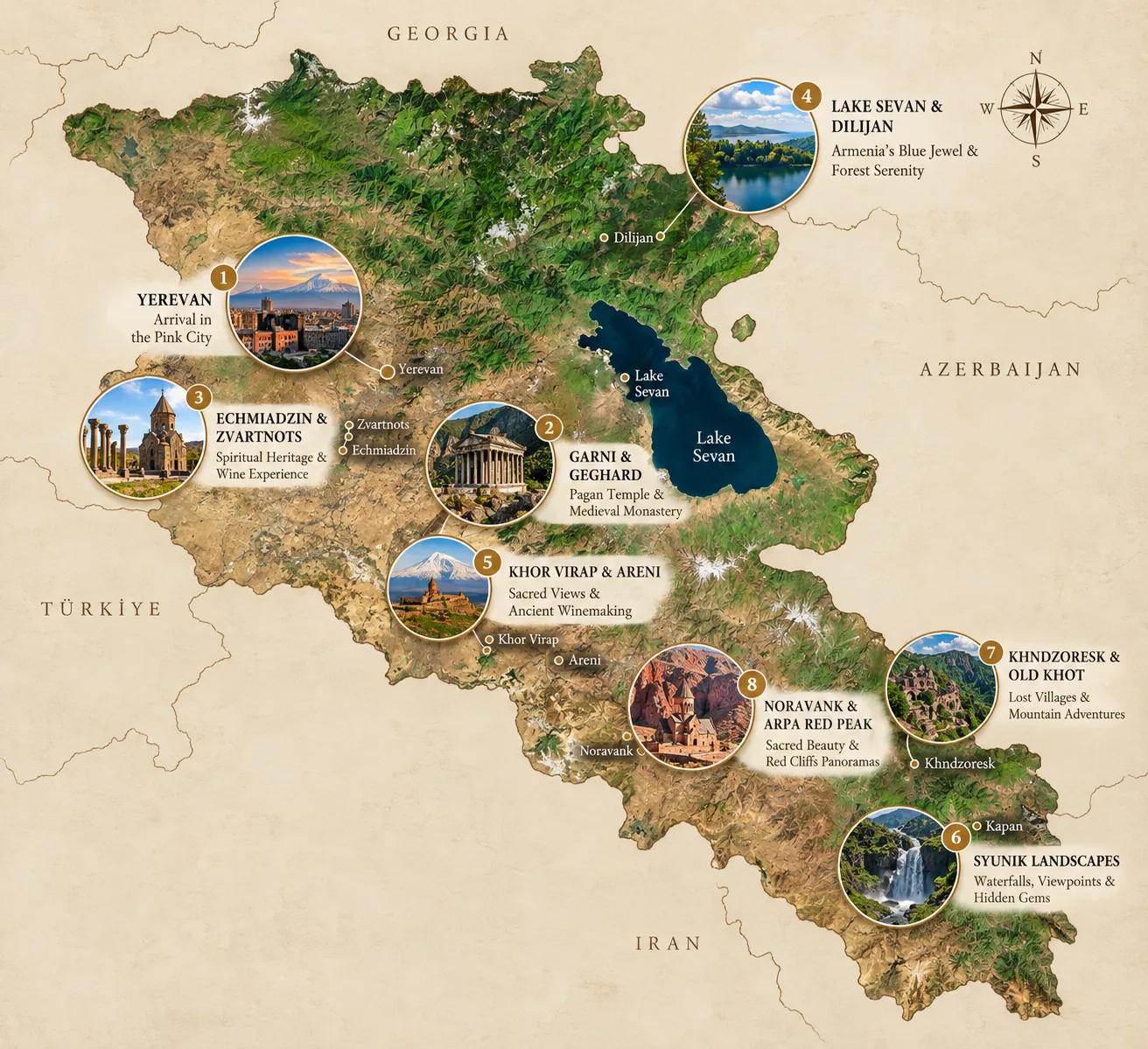 Illustrated map of Armenia marking the journey: Yerevan, Garni and Geghard, Echmiadzin and Zvartnots, Lake Sevan and Dilijan, Khor Virap and Areni, Syunik landscapes, Khndzoresk and Old Khot, Noravank and Arpa Red Peak