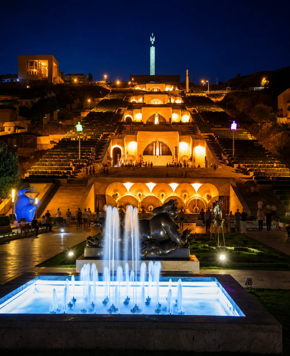 The Cascade in Yerevan lit up at night