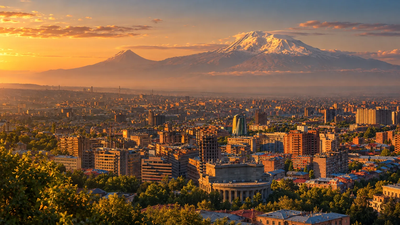 Yerevan at sunset beneath Mount Ararat, with the Opera House at the centre