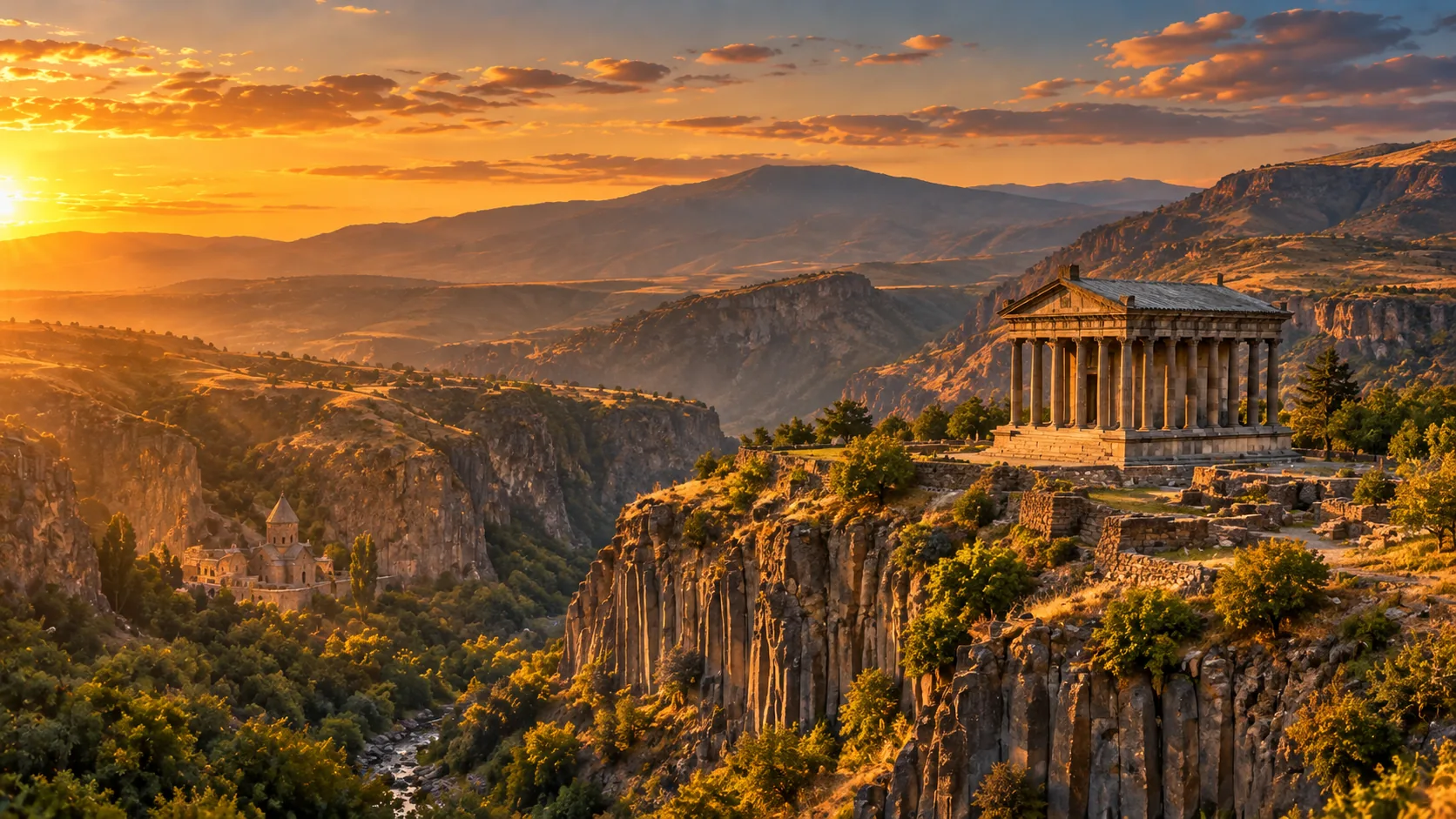 Garni Temple on the cliff above the Azat Gorge at sunset, with Geghard Monastery in the valley