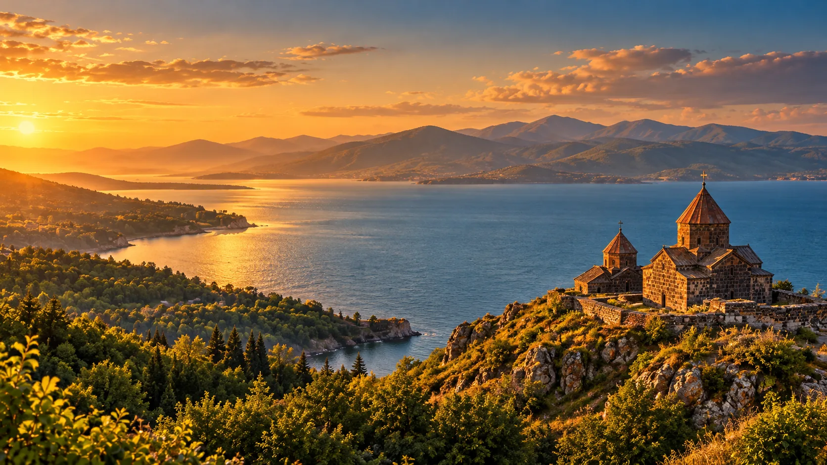 Sevanavank Monastery above Lake Sevan at sunset
