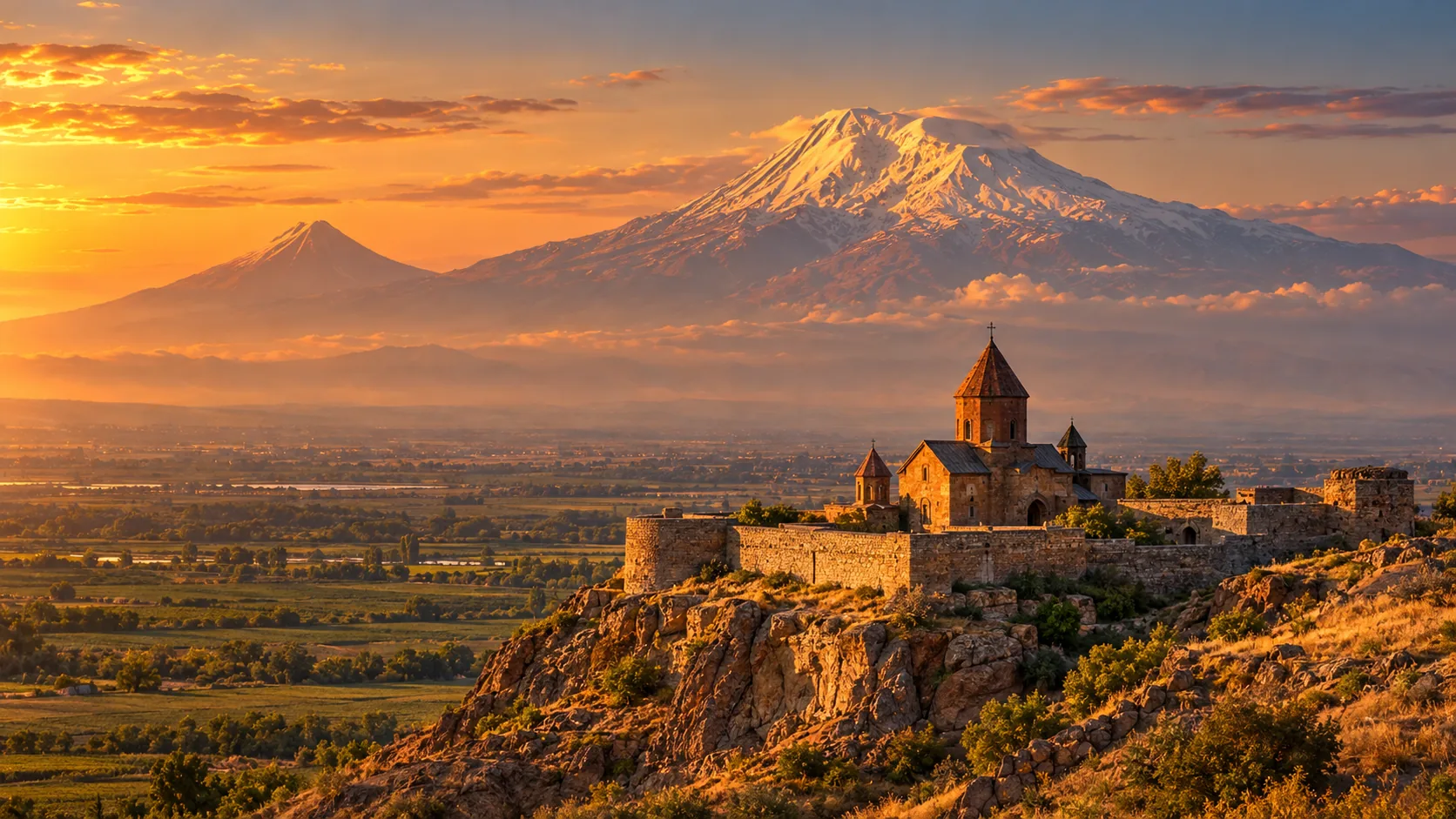 Khor Virap Monastery beneath Mount Ararat at sunset