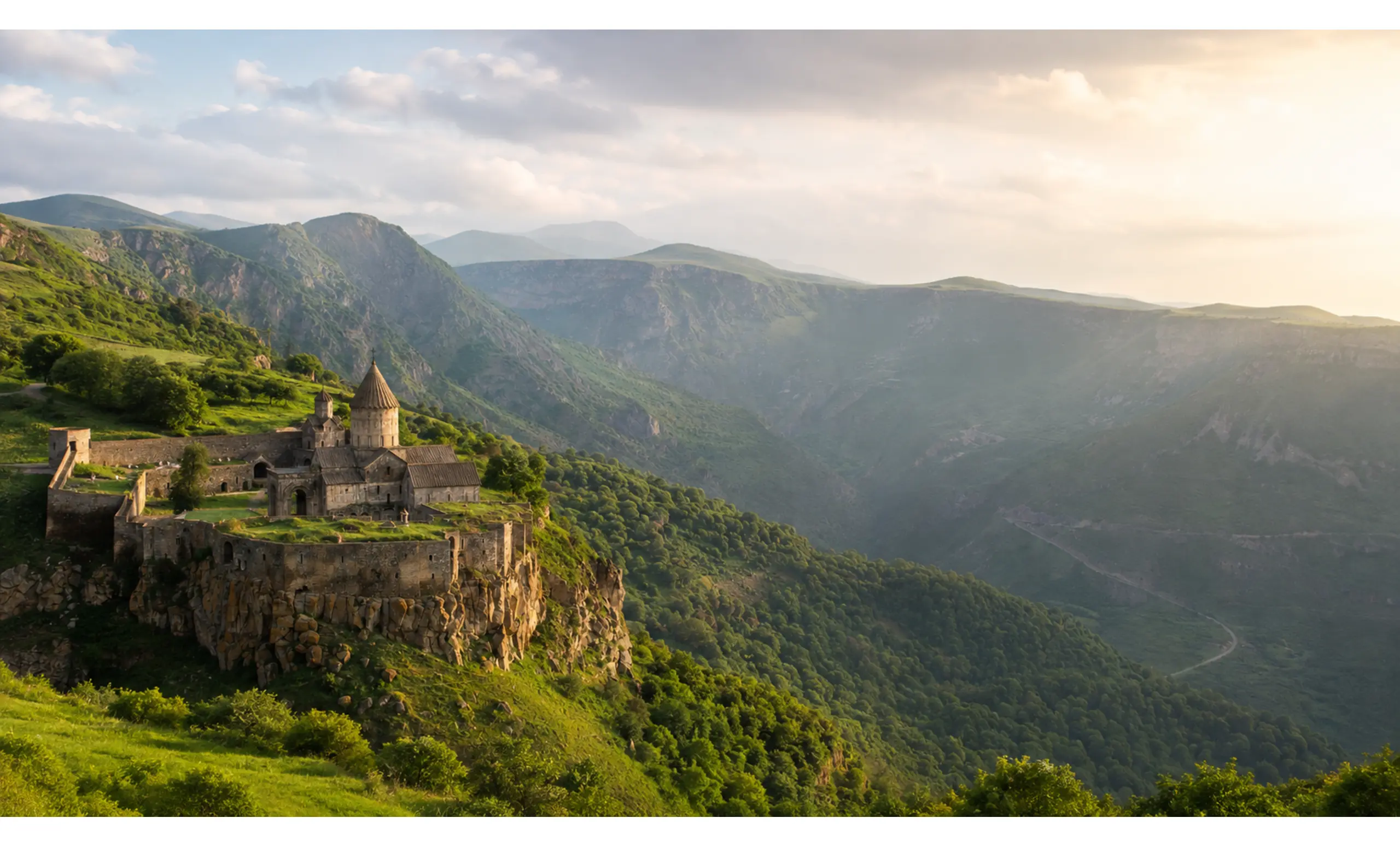 Tatev Monastery perched on a cliff edge above a forested canyon