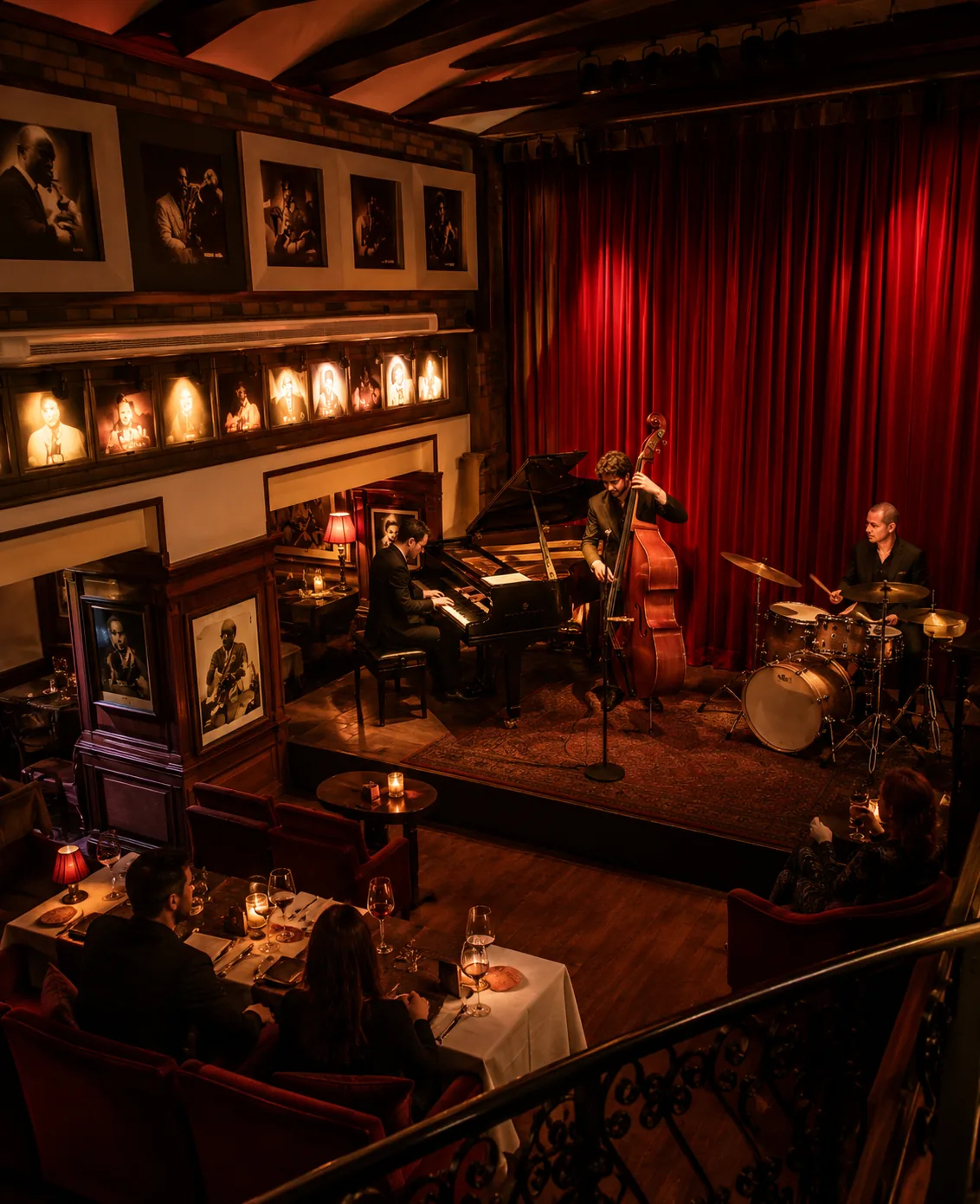 A jazz trio performing on stage at a Yerevan jazz club