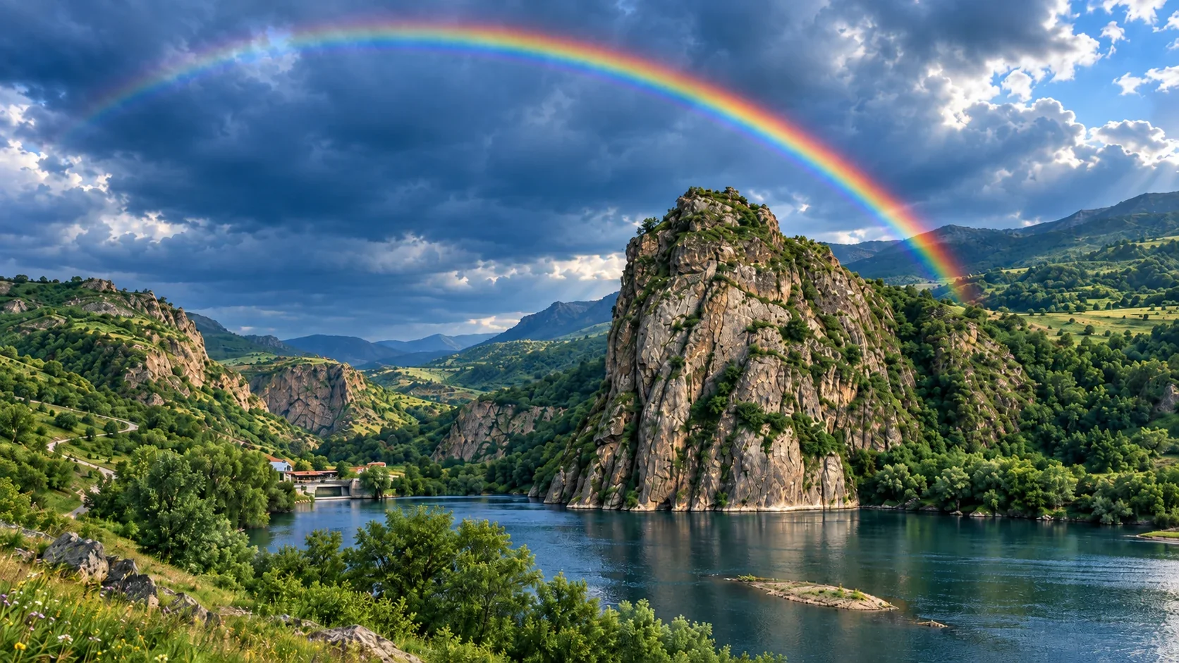 A rainbow arcing over a rocky cliff and river valley in the Armenian countryside